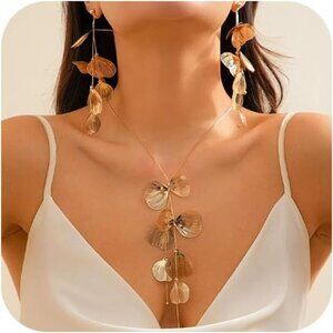 Statement Gold Leaf Choker Necklace Earrings Set Trendy Boho Ginkgo Leaves
